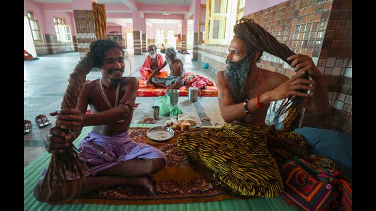 Sadhus at the Jammu Ram Mandir Base camp ahead of registration for the annual Amarnath Yatra in Jammu on Wednesday. (PTI)