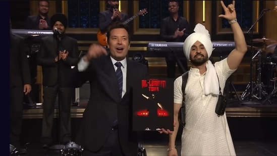 Jimmy Fallon (left) and Diljit Dosanjh (right) on The Tonight Show. (YouTube/@fallontonight)