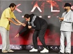 Amitabh Bachchan touched Aswini Dutt at the Kalki 2898 AD event. Amitabh Bachchan touched Aswini Dutt at the Kalki 2898 AD event.