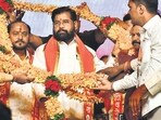 CM Eknath Shinde addresses his party workers on the 58th Shiv Sena foundation day at NSCI, Worli on Wednesday. (Bhushan Koyande/HT Photo) CM Eknath Shinde addresses his party workers on the 58th Shiv Sena foundation day at NSCI, Worli on Wednesday. (Bhushan Koyande/HT Photo)