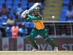 South Africa's Quinton de Kock plays a shot during the ICC men's Twenty20 World Cup 2024 Super Eight cricket match between the United States and South Africa at Sir Vivian Richards Stadium in North Sound