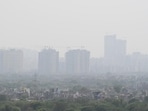 Noida skyline blanketed by smog on May 23, 2024. (Sunil Ghosh / Hindustan Times) Noida skyline blanketed by smog on May 23, 2024. (Sunil Ghosh / Hindustan Times)