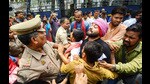 Lucknow, Jun 20 (ANI): A scuffle broke out between the police and National Students' Union of India (NSUI) supporters and students during a protest demanding the resignation of Union Education Minister Dharmendra Pradhan over the alleged paper leak in the UGC NET exam, in Lucknow on Thursday. (ANI Photo) (Naeem Ansari)