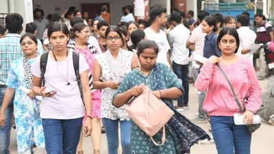 Aspirants coming out from an examination centre after appeared in the UGC NET exams at A.N. College in Patna, Bihar, India, Tuesday,18, 2024.(Photo by Santosh Kumar/ Hindustan Times)