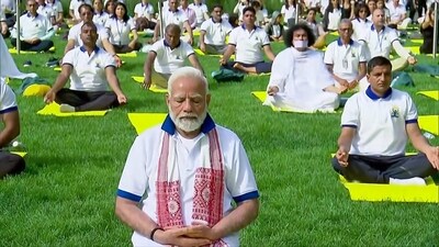 PM Narendra Modi performs yoga as he leads the event on the occasion of 9th International Yoga Day. (ANI) PM Narendra Modi performs yoga as he leads the event on the occasion of 9th International Yoga Day. (ANI)
