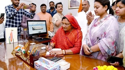 Savitri Thakur was the chief guest at the 'School Chalo Abhiyan' event organised at a government school at Bramha Kundi in Dhar on June 18. (ANI/PIB) Savitri Thakur was the chief guest at the 'School Chalo Abhiyan' event organised at a government school at Bramha Kundi in Dhar on June 18. (ANI/PIB)