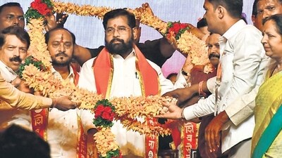 CM Eknath Shinde addresses his party workers on the 58th Shiv Sena foundation day at NSCI, Worli on Wednesday. (Bhushan Koyande/HT Photo) CM Eknath Shinde addresses his party workers on the 58th Shiv Sena foundation day at NSCI, Worli on Wednesday. (Bhushan Koyande/HT Photo)