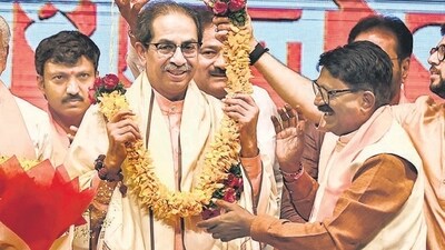 Mumbai, India. June 19, 2024: Shiv Sena (UBT) party chief Uddhav Thackeray addressed the party workers on the occasion of Shiv Sena's 58th foundation day at Shanmukhanand Hall in Matunga, Mumbai on Wednesday. June 19, 2024. (Photo by Raju Shinde/HT Photo) Mumbai, India. June 19, 2024: Shiv Sena (UBT) party chief Uddhav Thackeray addressed the party workers on the occasion of Shiv Sena's 58th foundation day at Shanmukhanand Hall in Matunga, Mumbai on Wednesday. June 19, 2024. (Photo by Raju Shinde/HT Photo)