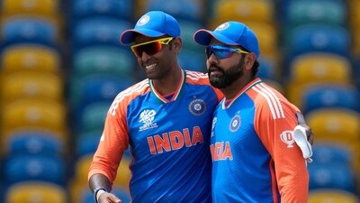India's Suryakumar Yadav, left, and captain Rohit Sharma celebrate after their win in the ICC Men's T20 World Cup cricket match between Afghanistan and India at Kensington Oval in Bridgetown (PTI) India's Suryakumar Yadav, left, and captain Rohit Sharma celebrate after their win in the ICC Men's T20 World Cup cricket match between Afghanistan and India at Kensington Oval in Bridgetown (PTI)
