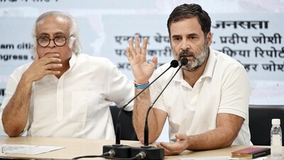 New Delhi, India - June 20, 2024: Congress MP Rahul Gandhi with party leader Jairam Ramesh during a press conference at AICC HQ, in New Delhi, India, on Thursday, June 20, 2024. (Photo by Sanjeev Verma/ Hindustan Times) New Delhi, India - June 20, 2024: Congress MP Rahul Gandhi with party leader Jairam Ramesh during a press conference at AICC HQ, in New Delhi, India, on Thursday, June 20, 2024. (Photo by Sanjeev Verma/ Hindustan Times)