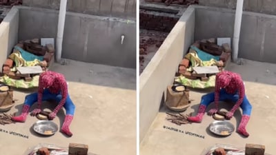 The Jaipur man dressed as Spider-Man was seen making roti in a viral video. (Instagram/jaipur_ka_spiderman) The Jaipur man dressed as Spider-Man was seen making roti in a viral video. (Instagram/jaipur_ka_spiderman)