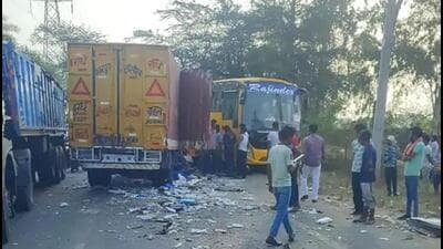 The driver, a resident of Dhamrawali in Bulandshahr, got trapped inside the vehicle following the collision and he could be taken out with the help of locals. (HT Photo) The driver, a resident of Dhamrawali in Bulandshahr, got trapped inside the vehicle following the collision and he could be taken out with the help of locals. (HT Photo)