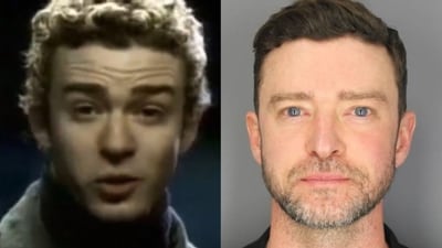 Justin Timberlake, as seen in the 2001 anti-drinking PSA Super Bowl ad (left). His mugshot revealed by Sag Harbour Police (right).