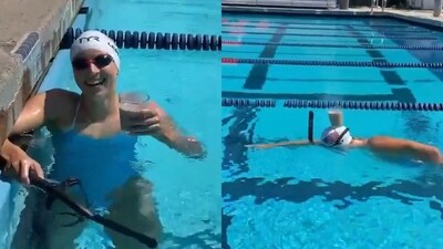 Katie Ledecky adds balancing a glass of chocolate milk on head, without spilling a drop swimming pool, to her record-breaking World Champion charms. Katie Ledecky adds balancing a glass of chocolate milk on head, without spilling a drop swimming pool, to her record-breaking World Champion charms.