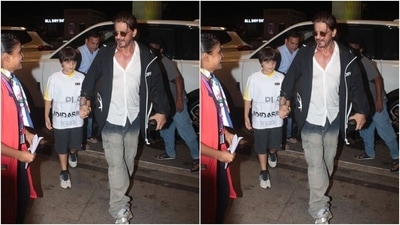 Shah Rukh Khan looked too hot to handle in a crisp white shirt, faded joggers and a black bomber jacket. AbRam looked super adorable in a white T-shirt and grey shorts. (HT Photos/Varinder Chawla) Shah Rukh Khan looked too hot to handle in a crisp white shirt, faded joggers and a black bomber jacket. AbRam looked super adorable in a white T-shirt and grey shorts. (HT Photos/Varinder Chawla)