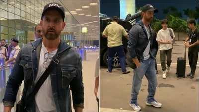 Hrithik walked into the airport with his son. The actor accessorised his look in a black sling bag, black cap and white shoes. (HT Photos/Varinder Chawla) Hrithik walked into the airport with his son. The actor accessorised his look in a black sling bag, black cap and white shoes. (HT Photos/Varinder Chawla)