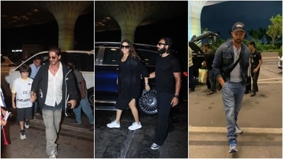 Mumbai International Airport was star-studded on Thursday morning as the A-listers of the Bollywood fraternity took off from the city in style. Shah Rukh Khan made a stylish entry at the airport with son AbRam Khan, while Deepika Padukone and Ranveer Singh gave us all kinds of couple goals as they twinned together. Hrithik Roshan walked into the airport with his son in a suave denim look. Interestingly, all the stars left Mumbai around the same time. Are they headed somewhere together? Only time can tell. For now, let's dissect their airport fashion. (HT Photos/Varinder Chawla) Mumbai International Airport was star-studded on Thursday morning as the A-listers of the Bollywood fraternity took off from the city in style. Shah Rukh Khan made a stylish entry at the airport with son AbRam Khan, while Deepika Padukone and Ranveer Singh gave us all kinds of couple goals as they twinned together. Hrithik Roshan walked into the airport with his son in a suave denim look. Interestingly, all the stars left Mumbai around the same time. Are they headed somewhere together? Only time can tell. For now, let's dissect their airport fashion. (HT Photos/Varinder Chawla)