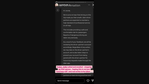 Joonie Tan shared a screenshot of Uber's response to her complain. (Instagram/joonietan)