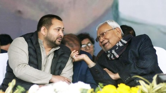 A file photo of Bihar chief minister Nitish Kumar with RJD leader Tejashwi Yadav