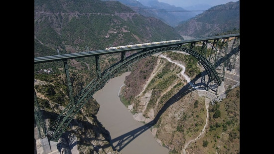The Railways conducts trial run on the world's highest railway bridge over Chenab in Reasi on Thursday. (PTI)