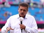 Ravi Shastri working for broadcast prior to the ICC Men's T20 Cricket World Cup West Indies & USA 2024 match Ravi Shastri working for broadcast prior to the ICC Men's T20 Cricket World Cup West Indies & USA 2024 match