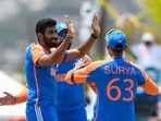 India's Jasprit Bumrah (L) celebrates with teammate Suryakumar Yadav (R) after the dismissal of Afghanistan's Rahmanullah Gurbaz India's Jasprit Bumrah (L) celebrates with teammate Suryakumar Yadav (R) after the dismissal of Afghanistan's Rahmanullah Gurbaz