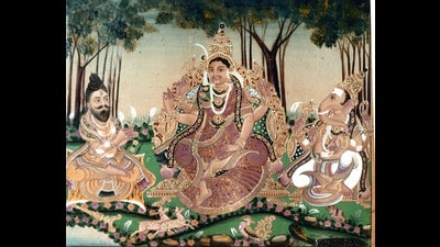 A painting of Vyasa, Parvati and Ganesh, 1925. Faces were often modelled after members of the Wodeyar family. (Courtesy Ramsingh Museum) A painting of Vyasa, Parvati and Ganesh, 1925. Faces were often modelled after members of the Wodeyar family. (Courtesy Ramsingh Museum)