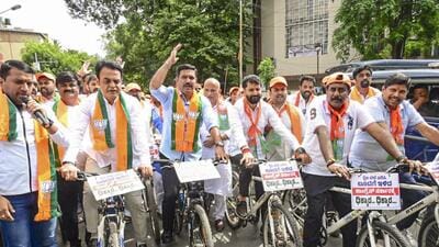 BJP Karnataka President BY Vijayendra along with other party workers and leaders during a protest against the state government over alleged fuel price hike in Bengaluru on Thursday. (PTI) BJP Karnataka President BY Vijayendra along with other party workers and leaders during a protest against the state government over alleged fuel price hike in Bengaluru on Thursday. (PTI)