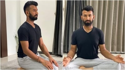Cricketer Cheteshwar Pujara shared two snippets from his yoga album – a picture of himself performing Vajrasana and another picture of himself sitting in Sukhasana with his hands in Gyan Mudra. (Instagram) Cricketer Cheteshwar Pujara shared two snippets from his yoga album – a picture of himself performing Vajrasana and another picture of himself sitting in Sukhasana with his hands in Gyan Mudra. (Instagram)