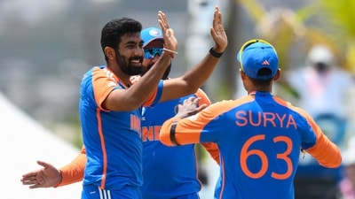 India's Jasprit Bumrah (L) celebrates with teammate Suryakumar Yadav (R) after the dismissal of Afghanistan's Rahmanullah Gurbaz (AFP) India's Jasprit Bumrah (L) celebrates with teammate Suryakumar Yadav (R) after the dismissal of Afghanistan's Rahmanullah Gurbaz (AFP)