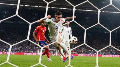 Italy's Riccardo Calafiori scores an own goal. (AP)