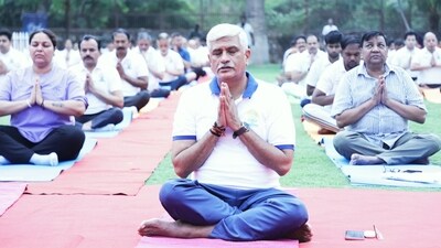 Union Minister Gajendra Singh Shekhawat practices yoga on the 10th International Yoga Day. (Gajendra Singh Shekhawat (X)) Union Minister Gajendra Singh Shekhawat practices yoga on the 10th International Yoga Day. (Gajendra Singh Shekhawat (X))