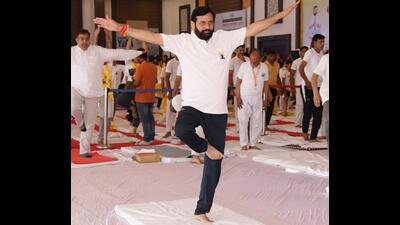 Haryana chief minister (CM) Nayab Singh Saini participated in yoga day celebrations at Hisar on Friday. (HT Photo) Haryana chief minister (CM) Nayab Singh Saini participated in yoga day celebrations at Hisar on Friday. (HT Photo)