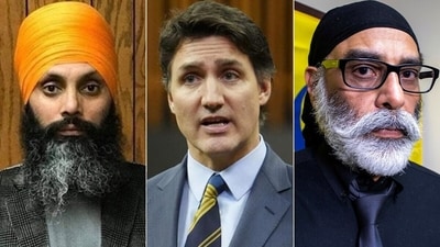 Hardeep Singh Nijjar (left), Canadian prime minister Justin Trudeau and pro-Khalistani SFJ founder Gurpatwant Singh Pannun