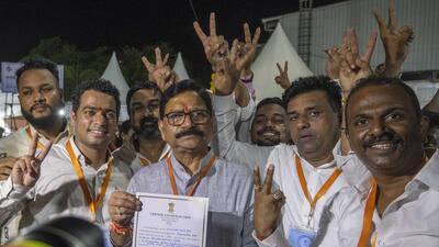 Mumbai, India - June 4, 2024: Ravindra Waikar Candidate for Lok Sabha, Mumbai North-West constituency celebrate after winning at Nesco in Mumbai, India, on Tuesday, June 4, 2024. (Photo by Satish Bate/ Hindustan Times) (Hindustan Times) Mumbai, India - June 4, 2024: Ravindra Waikar Candidate for Lok Sabha, Mumbai North-West constituency celebrate after winning at Nesco in Mumbai, India, on Tuesday, June 4, 2024. (Photo by Satish Bate/ Hindustan Times) (Hindustan Times)