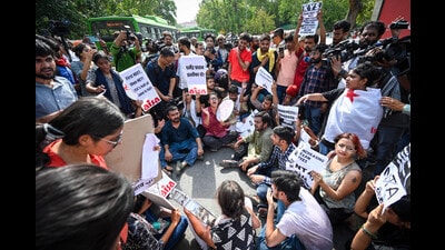 New Delhi, India - June 20, 2024: Students from various student organizations protest outside the Ministry of Education over the issues of NEET exam at Central Secretariat in New Delhi, India, on Thursday, June 20, 2024. (Photo by Sanchit Khanna/ Hindustan Times) (Hindustan Times) New Delhi, India - June 20, 2024: Students from various student organizations protest outside the Ministry of Education over the issues of NEET exam at Central Secretariat in New Delhi, India, on Thursday, June 20, 2024. (Photo by Sanchit Khanna/ Hindustan Times) (Hindustan Times)