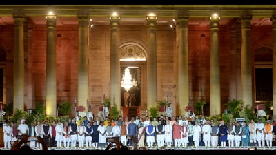 New Delhi, Jun 10 (ANI): President Droupadi Murmu and Vice President Jagdeep Dhankhar pose for a group picture with the newly sworn-in Prime Minister Narendra Modi and Union Council of Ministers during the oath-taking ceremony, at Rashtrapati Bhavan, in New Delhi on Sunday. (ANI Photo) (ANI/ PIB) New Delhi, Jun 10 (ANI): President Droupadi Murmu and Vice President Jagdeep Dhankhar pose for a group picture with the newly sworn-in Prime Minister Narendra Modi and Union Council of Ministers during the oath-taking ceremony, at Rashtrapati Bhavan, in New Delhi on Sunday. (ANI Photo) (ANI/ PIB)