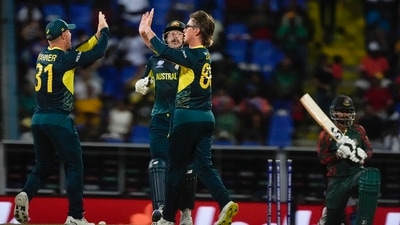 Australia defeated Bangladesh by 28 runs, via DLS method, in their T20 World Cup 2024 fixture in Antigua on Friday. (PTI) Australia defeated Bangladesh by 28 runs, via DLS method, in their T20 World Cup 2024 fixture in Antigua on Friday. (PTI)