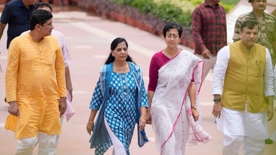 Delhi ministers Atishi and Saurabh Bharadwaj, AAP MP Sanjay Singh and Delhi chief minister Arvind Kejriwal's wife Sunita Kejriwal leave from the Rajghat. (PTI) Delhi ministers Atishi and Saurabh Bharadwaj, AAP MP Sanjay Singh and Delhi chief minister Arvind Kejriwal's wife Sunita Kejriwal leave from the Rajghat. (PTI)