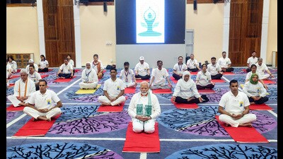 Prime Minister Narendra Modi leads International Day of Yoga celebrations at Sher-i-Kashmir International Conference Centre (SKICC) in Srinagar on Friday. (ANI)