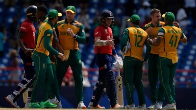 South Africa saw off a late fightback from England powered by Harry Brook and Liam Livingstone as they defended a target of 164 and beat the reigning champions by seven runs at the Darren Sammy Stadium in St. Lucia. (AP) South Africa saw off a late fightback from England powered by Harry Brook and Liam Livingstone as they defended a target of 164 and beat the reigning champions by seven runs at the Darren Sammy Stadium in St. Lucia. (AP)