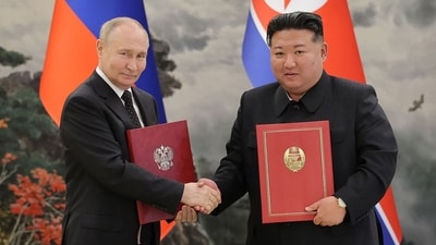 North Korea's leader Kim Jong Un (R) and Russia's President Vladimir Putin (L) shaking hands after a signing ceremony (AFP) North Korea's leader Kim Jong Un (R) and Russia's President Vladimir Putin (L) shaking hands after a signing ceremony (AFP)