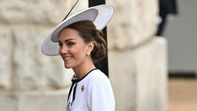 Kate Middleton was sported in the same dress she wore to attended King Charles' coronation in May 2023. (Getty)