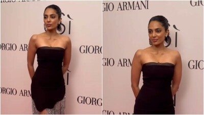 For the Georgio Armani event on Thursday night, Sobhita Dhulipala picked an off-shoulder black gown with bodycon patterns. The shimmery silver embellishments below the waist added more sass to her look. (Instagram/@viralbhayani) For the Georgio Armani event on Thursday night, Sobhita Dhulipala picked an off-shoulder black gown with bodycon patterns. The shimmery silver embellishments below the waist added more sass to her look. (Instagram/@viralbhayani)