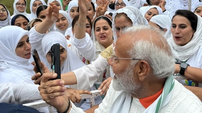 Prime Minister Narendra Modi led the 10th International Day of Yoga celebrations at the Sher-e-Kashmir International Convention Centre (SKICC) in Srinagar, Jammu and Kashmir, on Friday. (X/Narendra Modi)