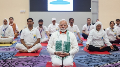 PM Modi also highlighted how yoga brings peace in the world, saying "When we are peaceful within, we can also make a positive impact on the world...Yoga is making new ways of positive change in the society." (X/Narendra Modi)