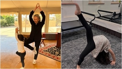 Sharmila Tagore and Inaaya can be seen performing the Tree Pose together. In another snippet, Inaaya can be seen performing Eka Pada Urdhva Dhanurasana. (Instagram) Sharmila Tagore and Inaaya can be seen performing the Tree Pose together. In another snippet, Inaaya can be seen performing Eka Pada Urdhva Dhanurasana. (Instagram)