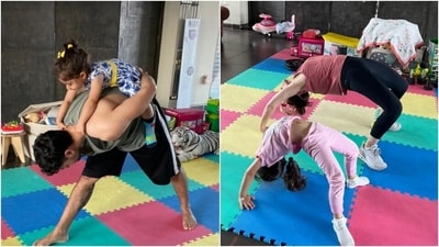 In these snippets, Little Inaaya can be seen perched up on dad Kunal Kemmu's back as he performs an asana. Inaaya can also be seen acing Chakrasana with mom Soha. (Instagram) In these snippets, Little Inaaya can be seen perched up on dad Kunal Kemmu's back as he performs an asana. Inaaya can also be seen acing Chakrasana with mom Soha. (Instagram)