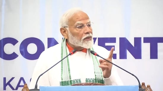 Prime Minister Narendra Modi addresses the gathering on the occasion of the 10th International Day of Yoga, in Srinagar. (PTI)