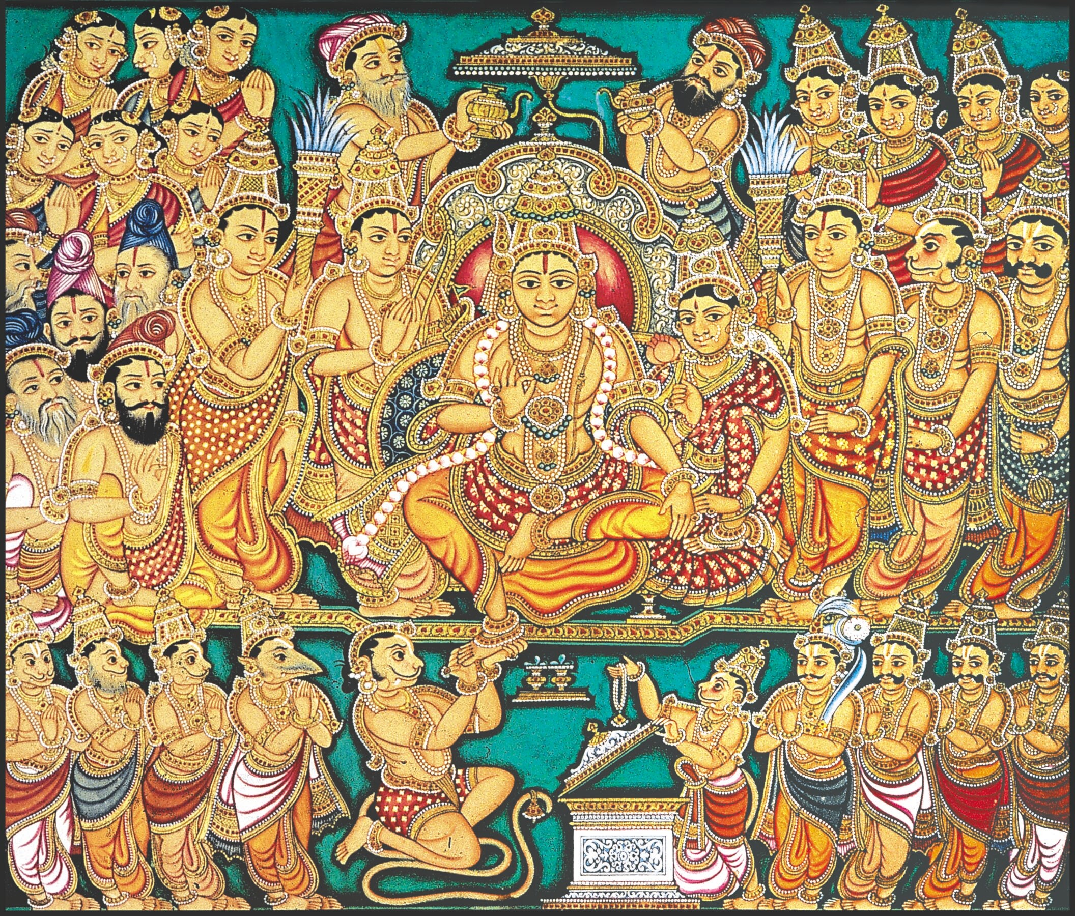 Typically tinged with gold, these canvases depict deities and, sometimes, imposing rulers. Seen above is the Ramapattabhisheka or the coronation or Rama. (Courtesy Ramsingh Museum)